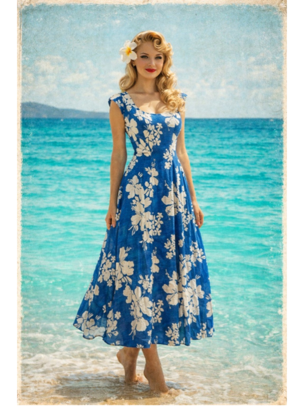 Hawaiian Hukilau Dress W XS Vintage Tiki Hibiscus Maxi Resort Honolulu Aloha 60s